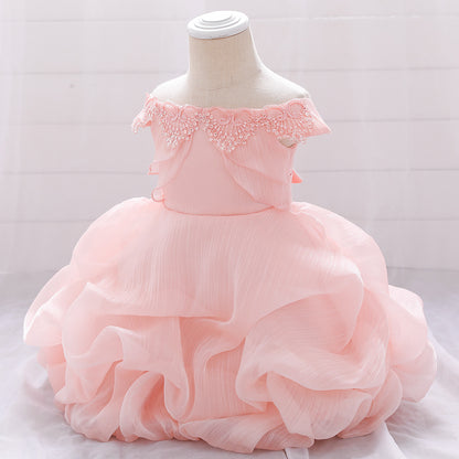 Baby Girl Solid Color One Shoulder Design Tutu Formal Dress Baptism Birthday Dress My Kids-USA