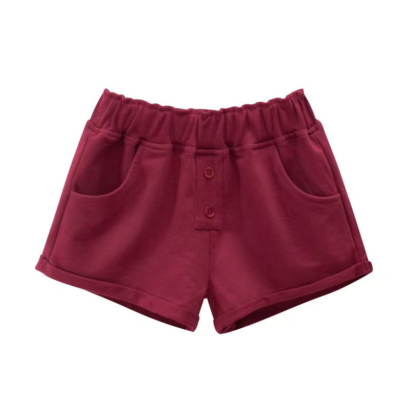 Baby Girl Solid Color Button Design Flap Short Pants With Pockets, MyKids-USA®, Baby & Toddler Bottoms, MyKids-USA - Size/Age - 90 (12-24M) - Color - Red -  -  - JM2204051409-C