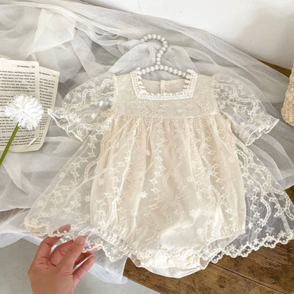 Baby Girl Solid Color Floral Embroidered Mesh Design Princess Dress