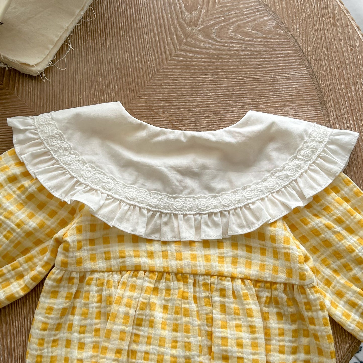 Baby Girl Yellow Plaid Pattern Ruffle Lapel Design Bodysuit My Kids-USA