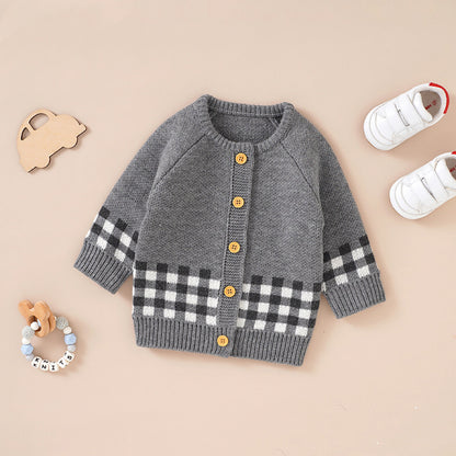 Baby Plaid Pattern Single Breasted Deisgn Knitted Cardigan My Kids-USA