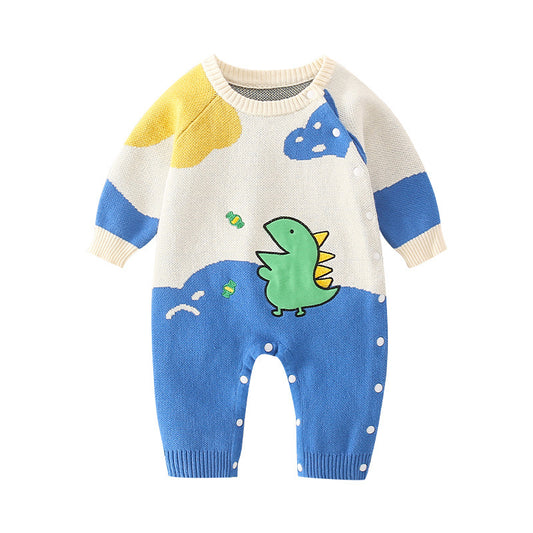 Baby Dinosaur Pattern Colorblock Design Cute Knit Romper