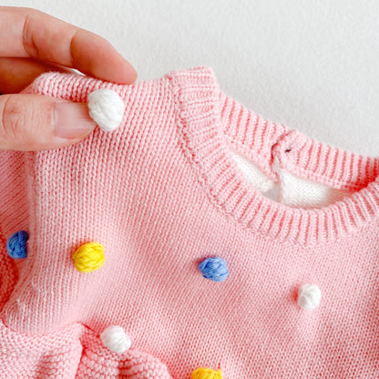 Baby Girl 1pc Colorful Handmade Ball Patched Contrast Ruffle Knitted Pullover Sweaters My Kids-USA