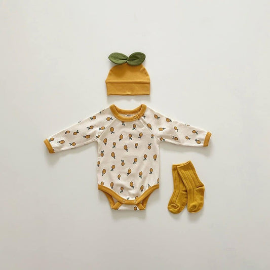Baby Cherry Pattern Long Sleeves Autumn Triangle Bodysuit With Hat My Kids-USA