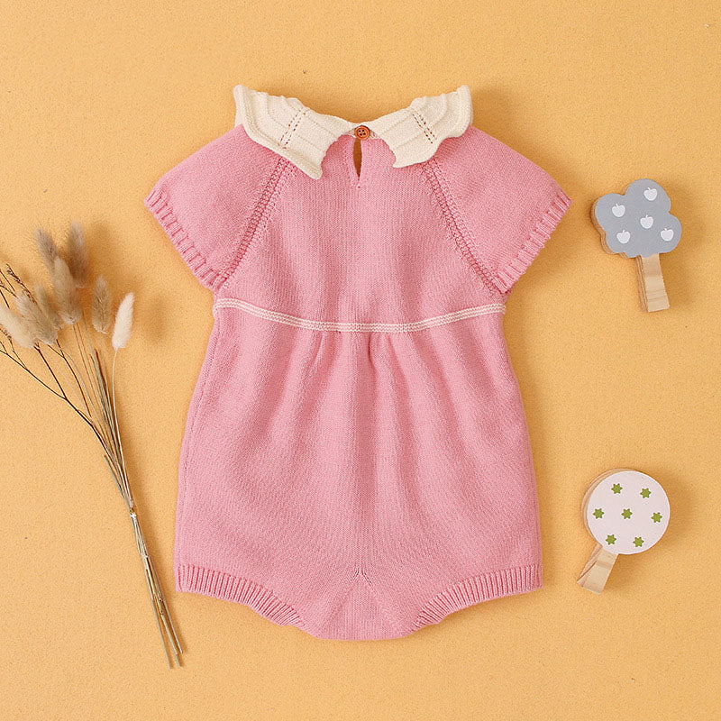 Baby Girl 1pcs Solid Color Ruffle Design Short Sleeve Knitted Onesies My Kids-USA