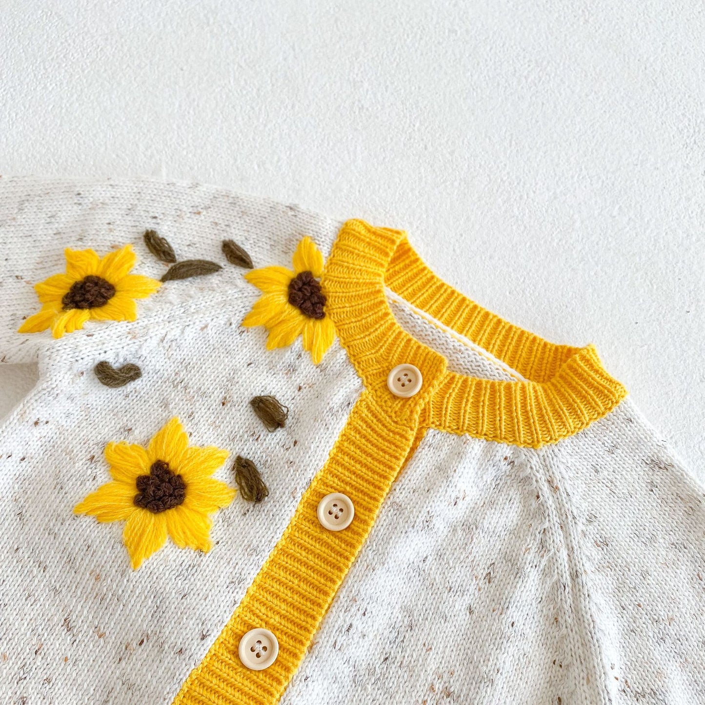 Baby Girl 1pc Sunflower Embroidered Graphic Buttoned Front Contrast Knitted Cardigan My Kids-USA