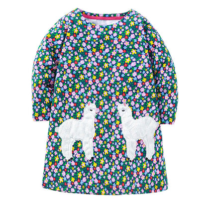 Baby Girl Cartoon Animal Embroidered Design Floral Pattern Loose Dress My Kids-USA