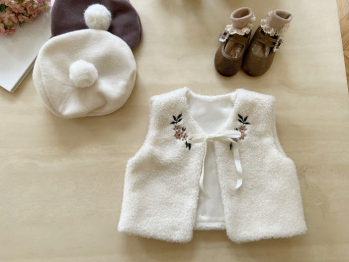 Baby Floral Embroidered Pattern Lamb Wool Vest Jacket My Kids-USA