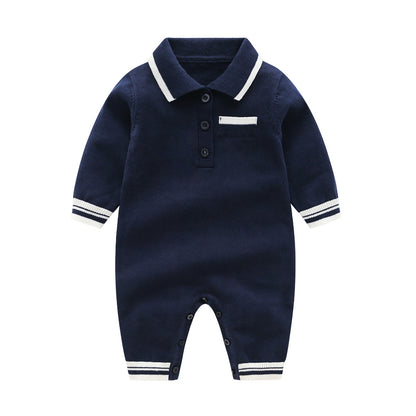 Baby Solid Color Quarter Button Design Lapel Knitted College Style Rompers My Kids-USA