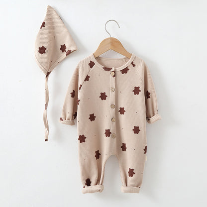 Baby Waffle Knitted Pattern Cute Bear Graphic Single Breasted Design Jumpsuit & Hat My Kids-USA