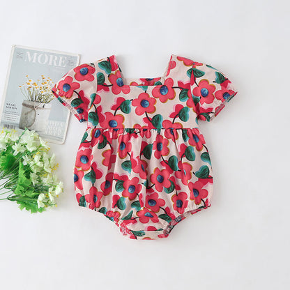 Baby Girl Floral Print Square Collar Short-Sleeved Onesies My Kids-USA