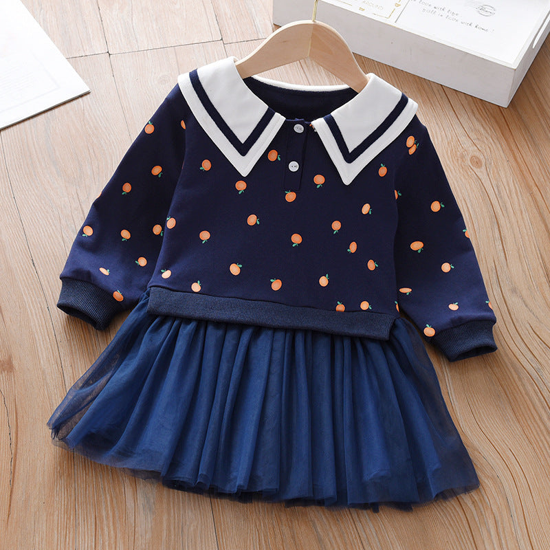 Baby Girl Fruit Pattern College Style Lapel Design Mesh Patchwork Dress My Kids-USA
