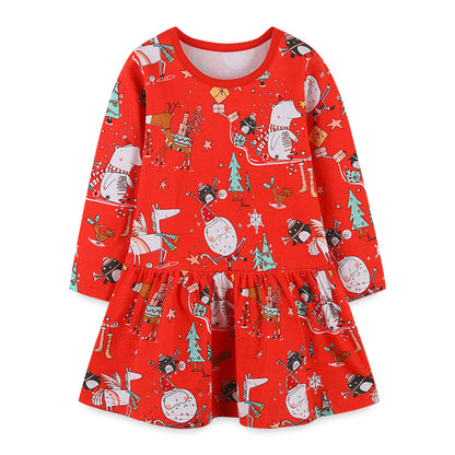 Baby Girl Cartoon Print Pattern Christmas Loose Long Dress My Kids-USA