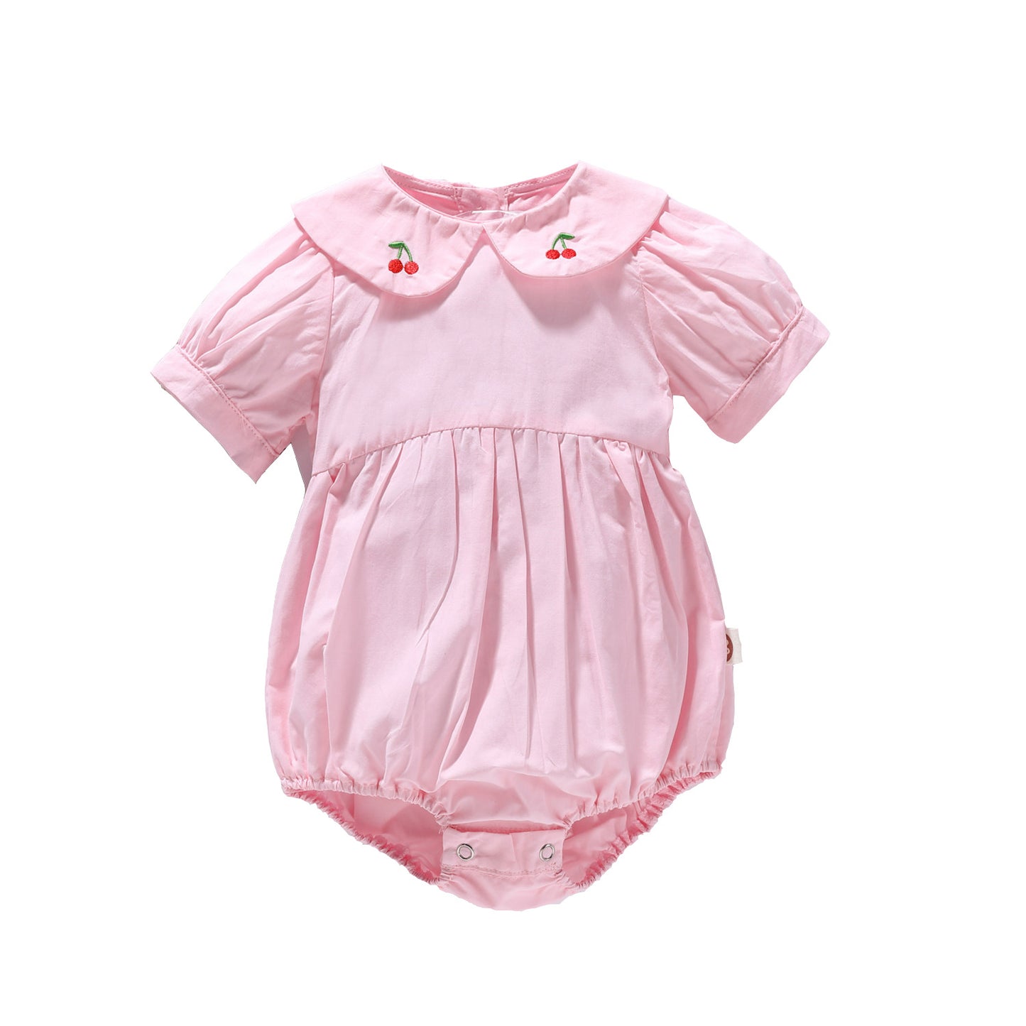 Baby Girl Solid Color Cherry Embroidered Design Puff Sleeved Onesies