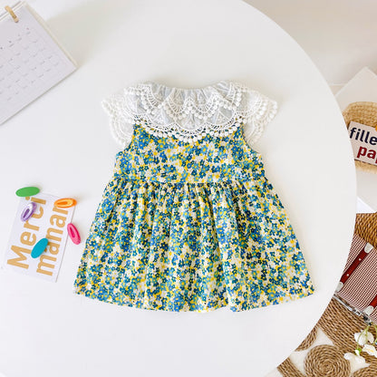 Baby Girl Floral Print Lace Patchwork Design O-Neck Dress My Kids-USA