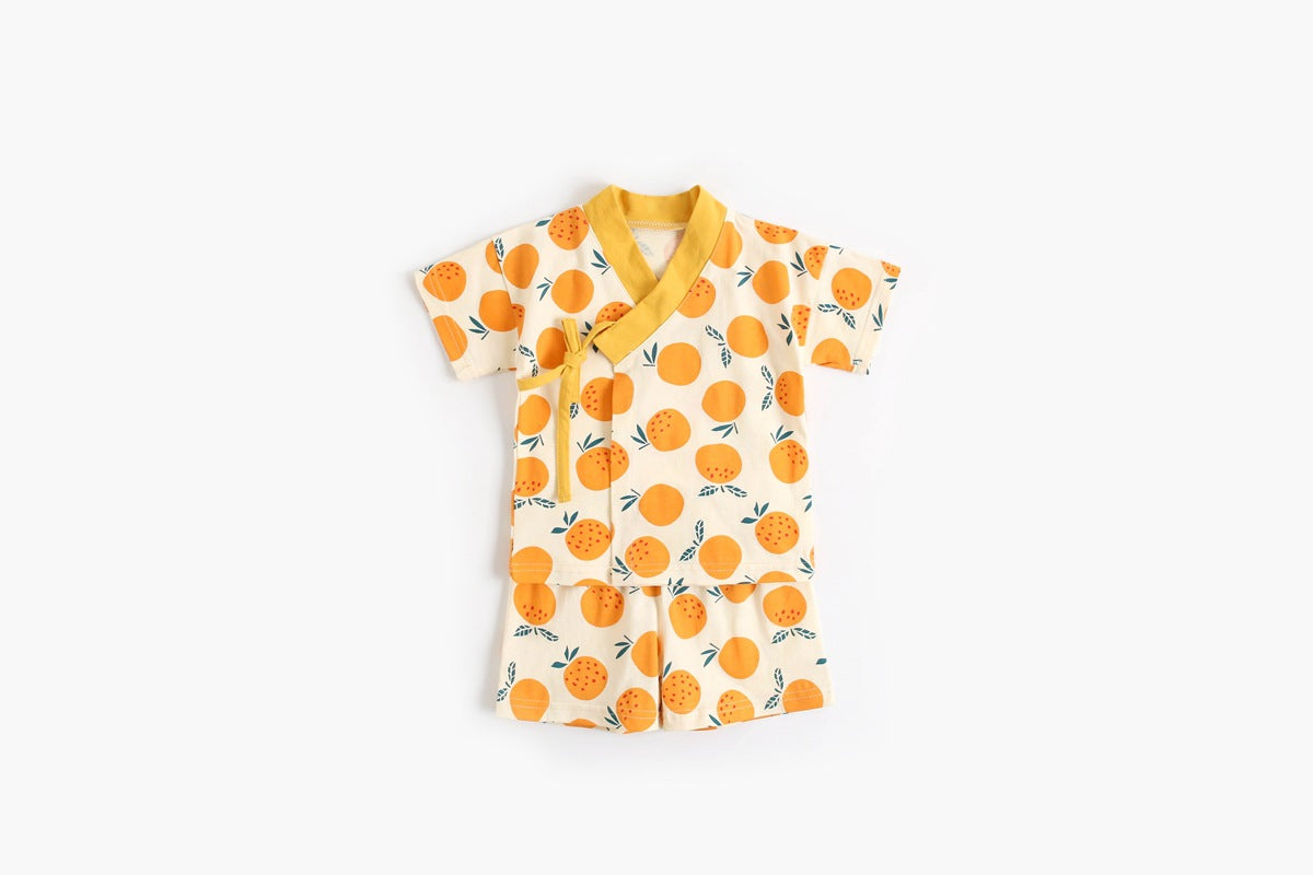 Baby Fruit Print Belt Design Short-Sleeved Top Combo Shorts Japan Style Sets Pajamas My Kids-USA