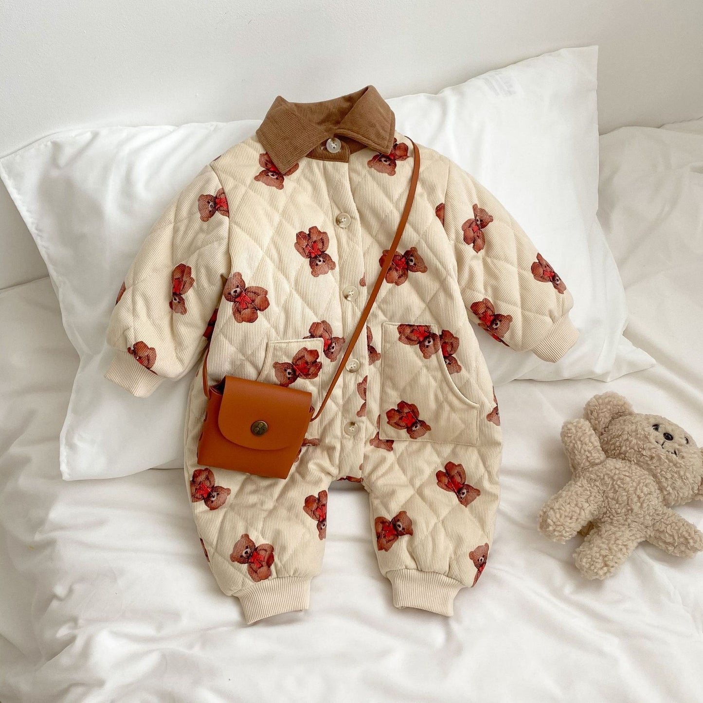 Baby Cartoon Bear Graphic Cute Style Quilted Warm Long Sleeve Dress & Jumpsuit My Kids-USA