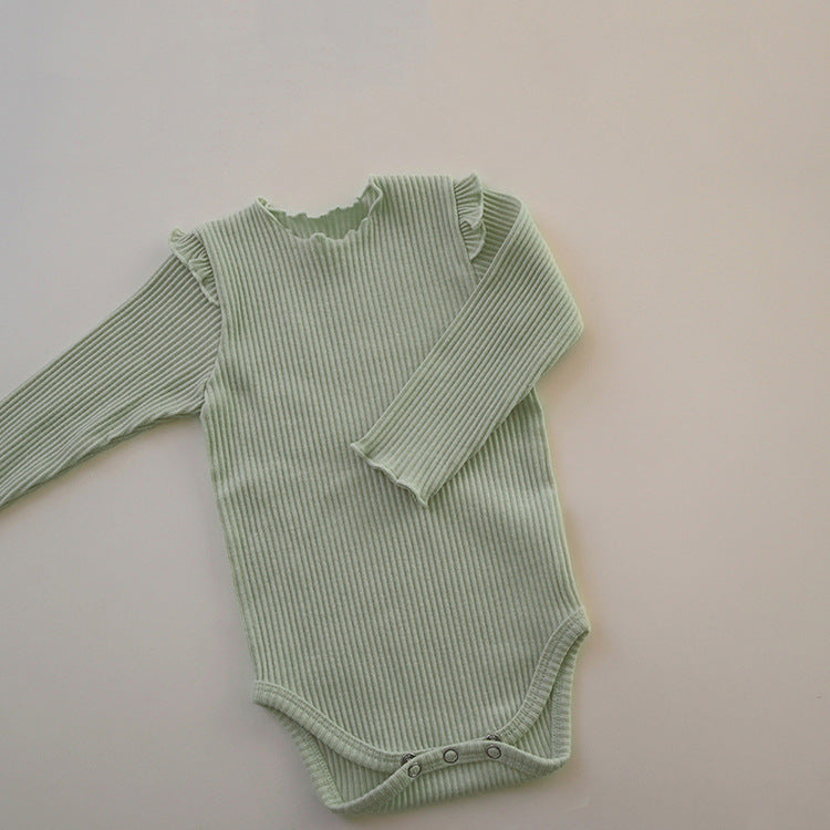 Baby Girl Solid Color Lettuce Trim Design Long Sleeve Bodysuit My Kids-USA
