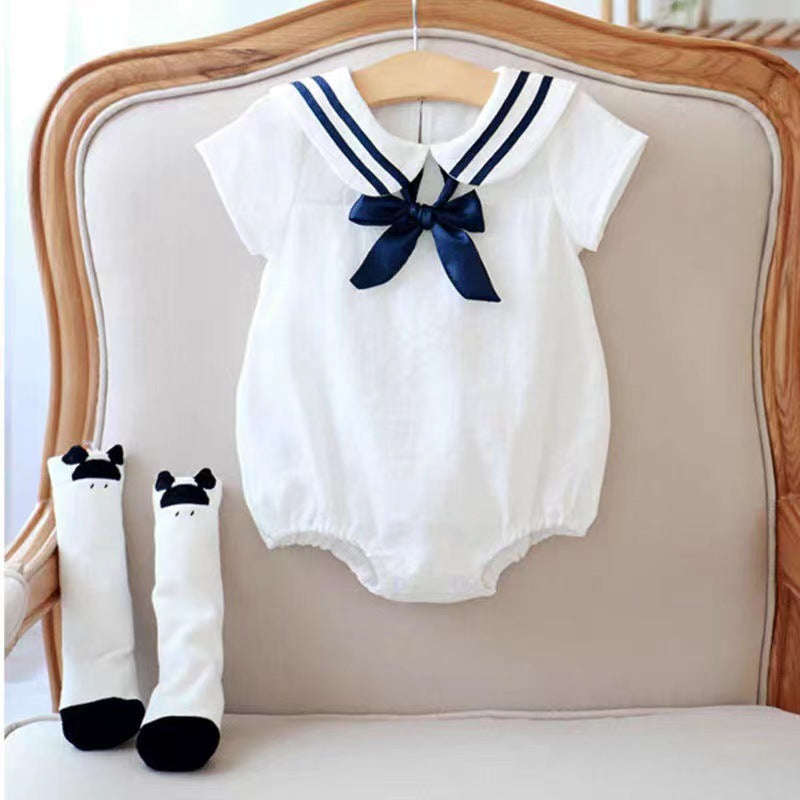 Baby Girl Solid Color Neck Striped Pattern Japan Style Navy Onesies With Bow Tie
