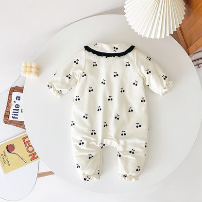 Baby Girl CHerry Pattern Mesh Patched Design Thermal Romper My Kids-USA