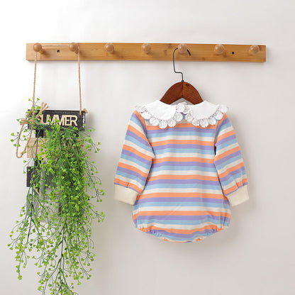 Baby Girl Colorful Striped Pattern Lace Doll Neck Design Bodysuit Onesies My Kids-USA
