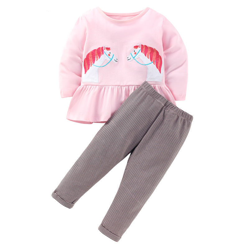 Bébé fille dessin animé motif animal chemise combo pantalon rayé ensembles 