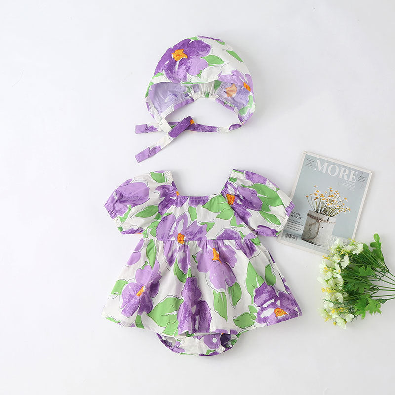 Baby Girls Floral Print Puff Sleeves Design Square Collar Onesies Dress In Summer With Hat My Kids-USA
