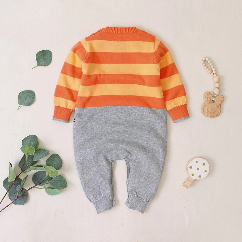 Baby Bunny Embroidery Striped Pattern Contrast Knitted Romper My Kids-USA