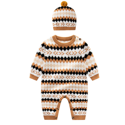 Combinaison barboteuse tricotée à manches longues à motif géométrique brodé pour bébé 