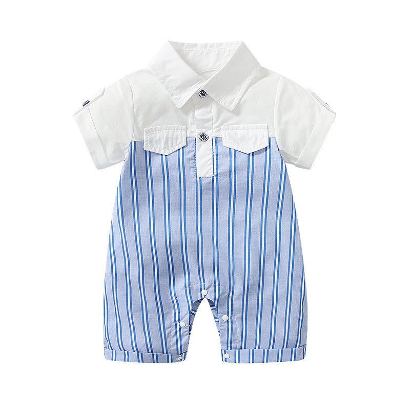 Baby Striped Print Turn-Down Collar Rompers In Summer My Kids-USA