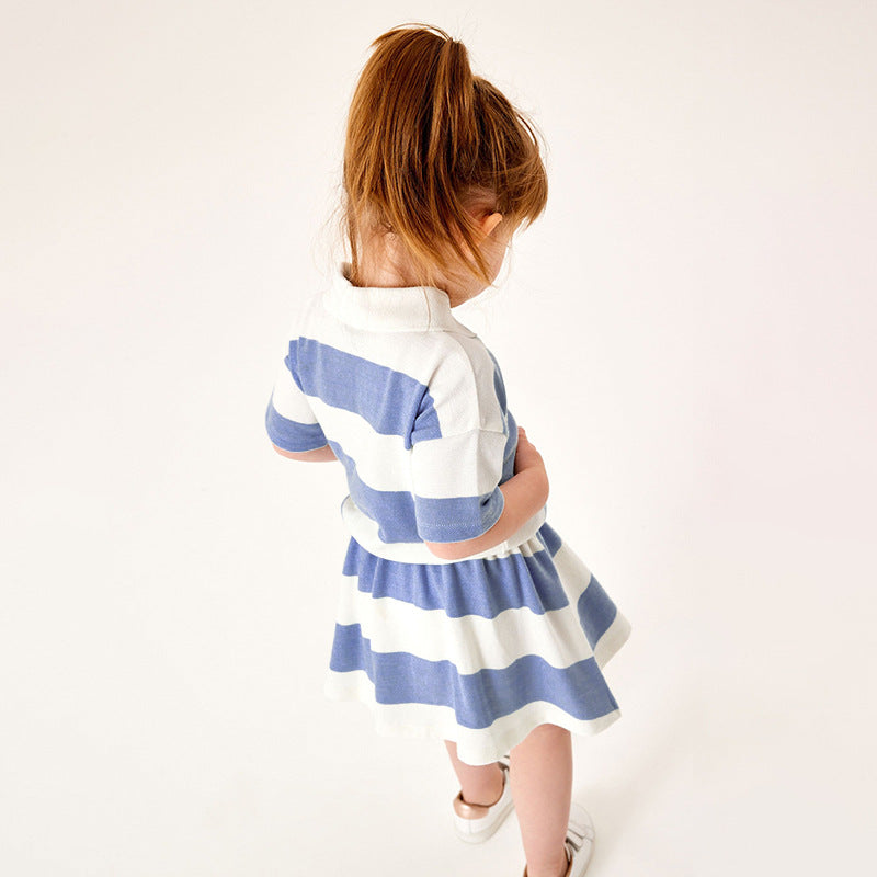 Baby Girl Striped Pattern Polo Neck Shirt With Skirt Sets In Summer