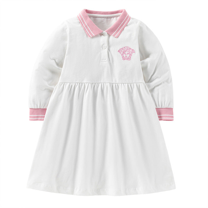 Baby Girl Solid Color Lapel Design A-Line Long Sleeve Dress My Kids-USA