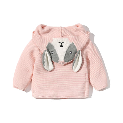 Baby Solid Color Cartoon Design Hooded Knitted Fashion Cardigan