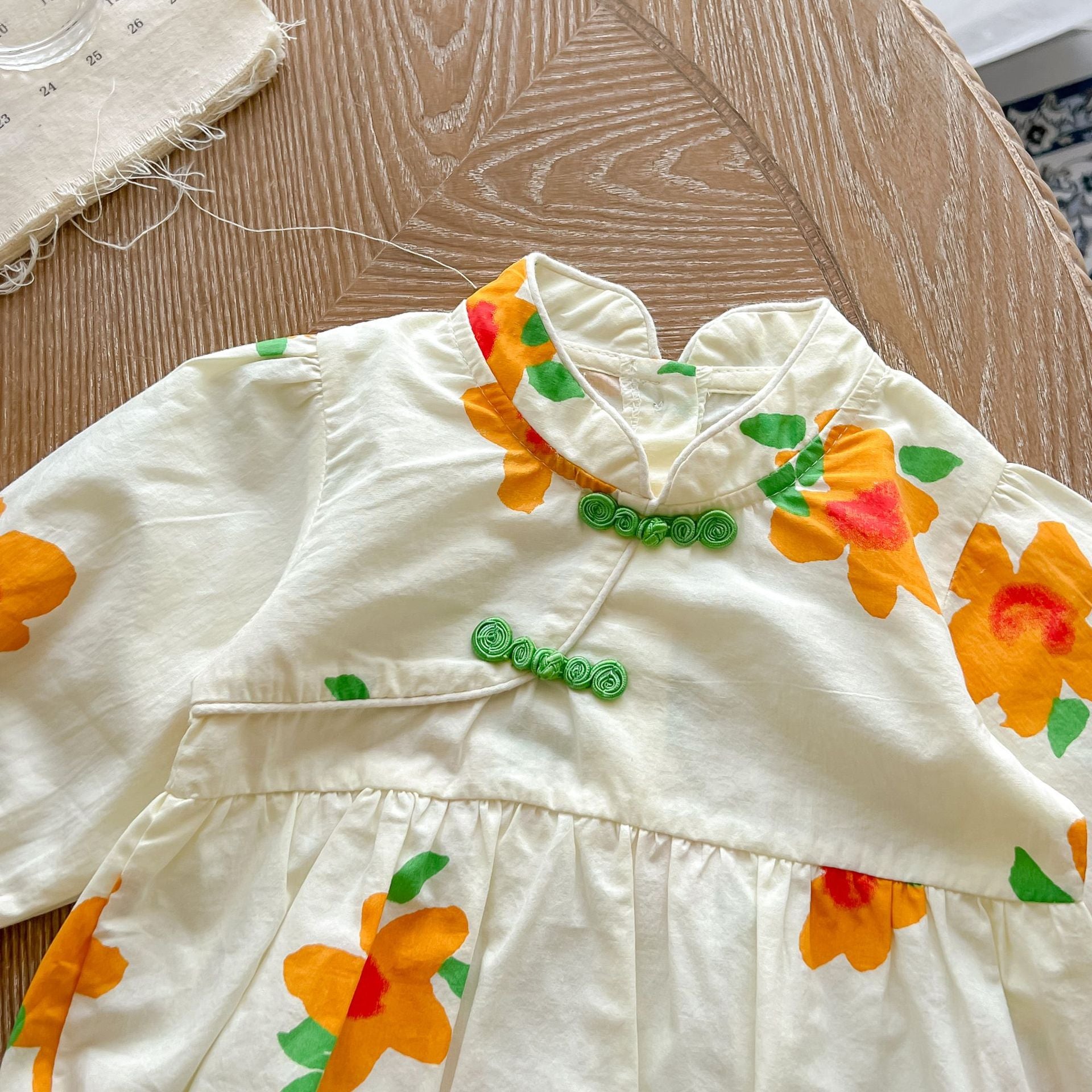 Baby Girl Orange Flower Graphic Snap Buckle Design Chinese Style Bodysuit My Kids-USA