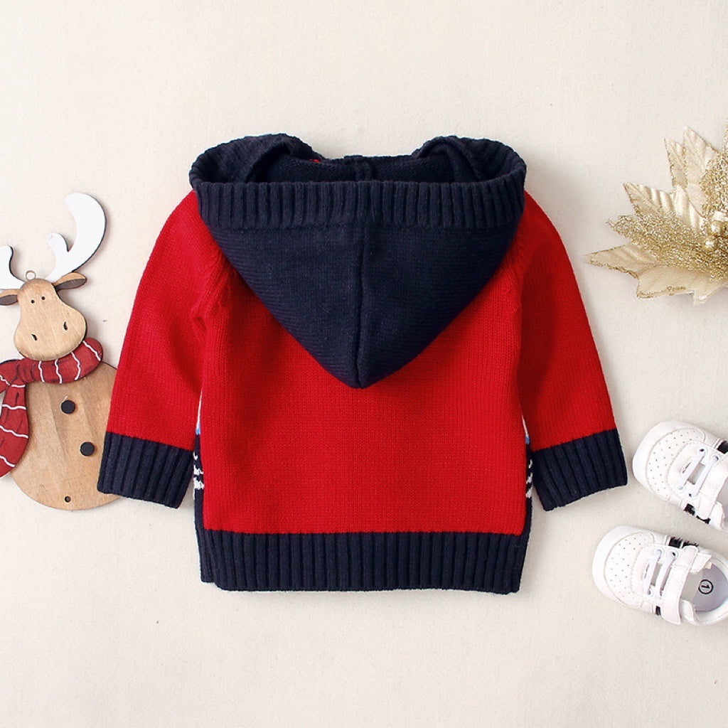 Baby Cartoon Christmas Giraffe Pattern Contrast Design Sweater Cardigan With Hat My Kids-USA