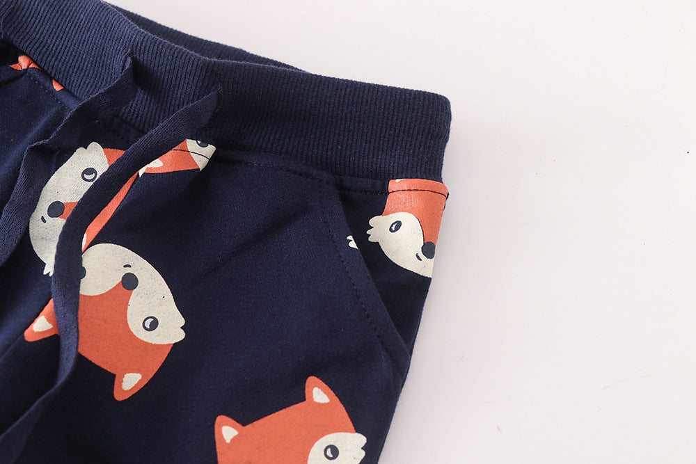Baby Boy Fox Print Pattern Cotton Terry Trousers In Autumn