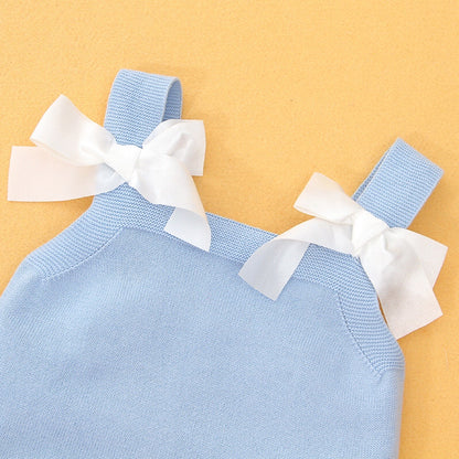 Baby Girl 1pcs Solid Color Bow Tie Decoration Ruffle Knitted Onesies My Kids-USA