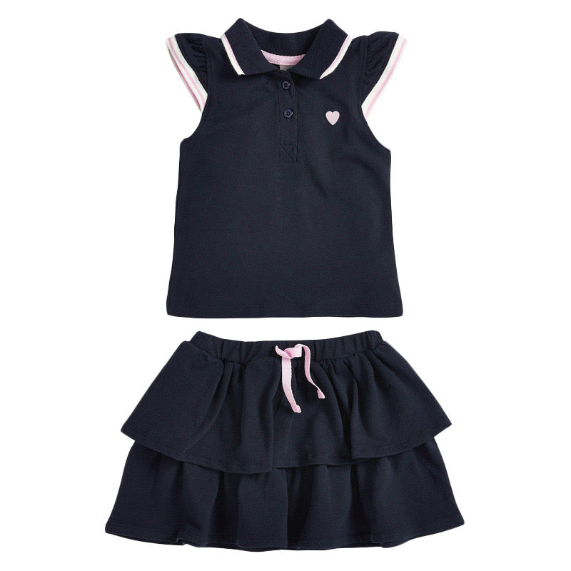 Baby Girl Heart Embroidered Pattern Polo-Neck Shirt And Layered Solid Short Skirt Sets My Kids-USA