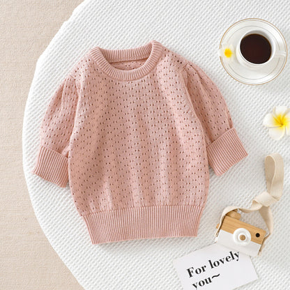 Baby Girl Solid Color Hollow Carved Design Cotton Sweater My Kids-USA