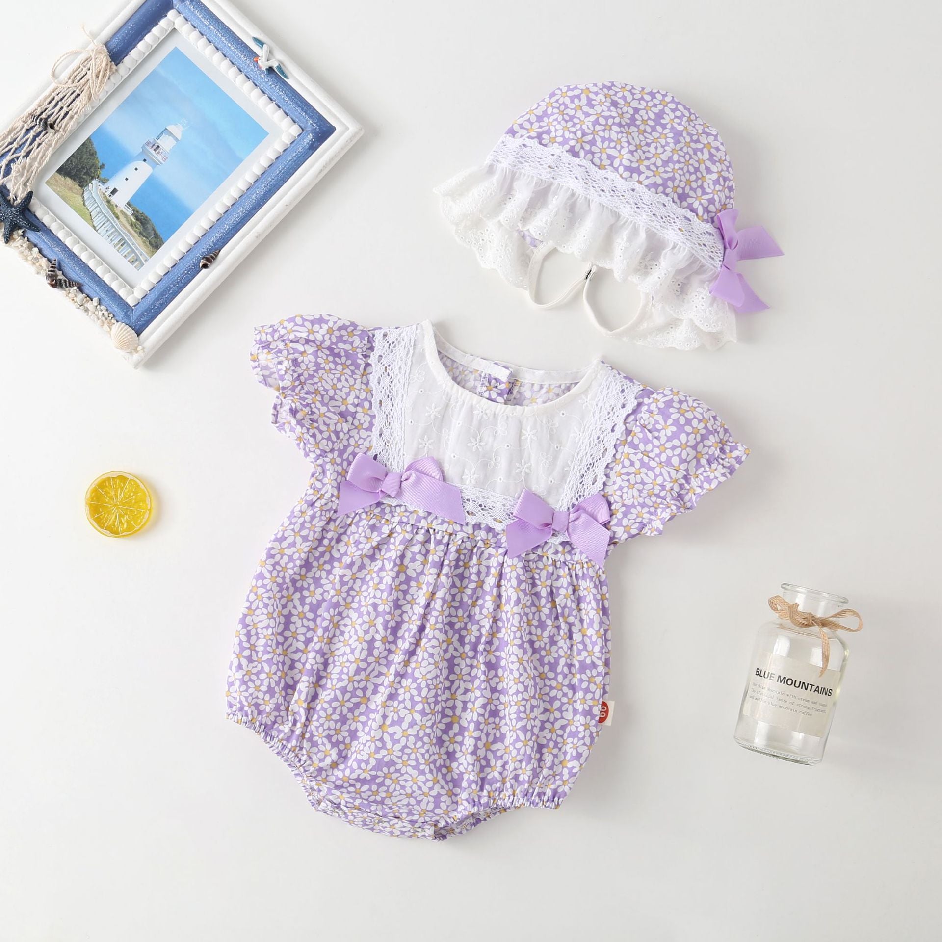 Baby Girl Floral Pattern Lace Patchwork Round Collar Short-Sleeved Colorful Cotton Onesies With Hat My Kids-USA