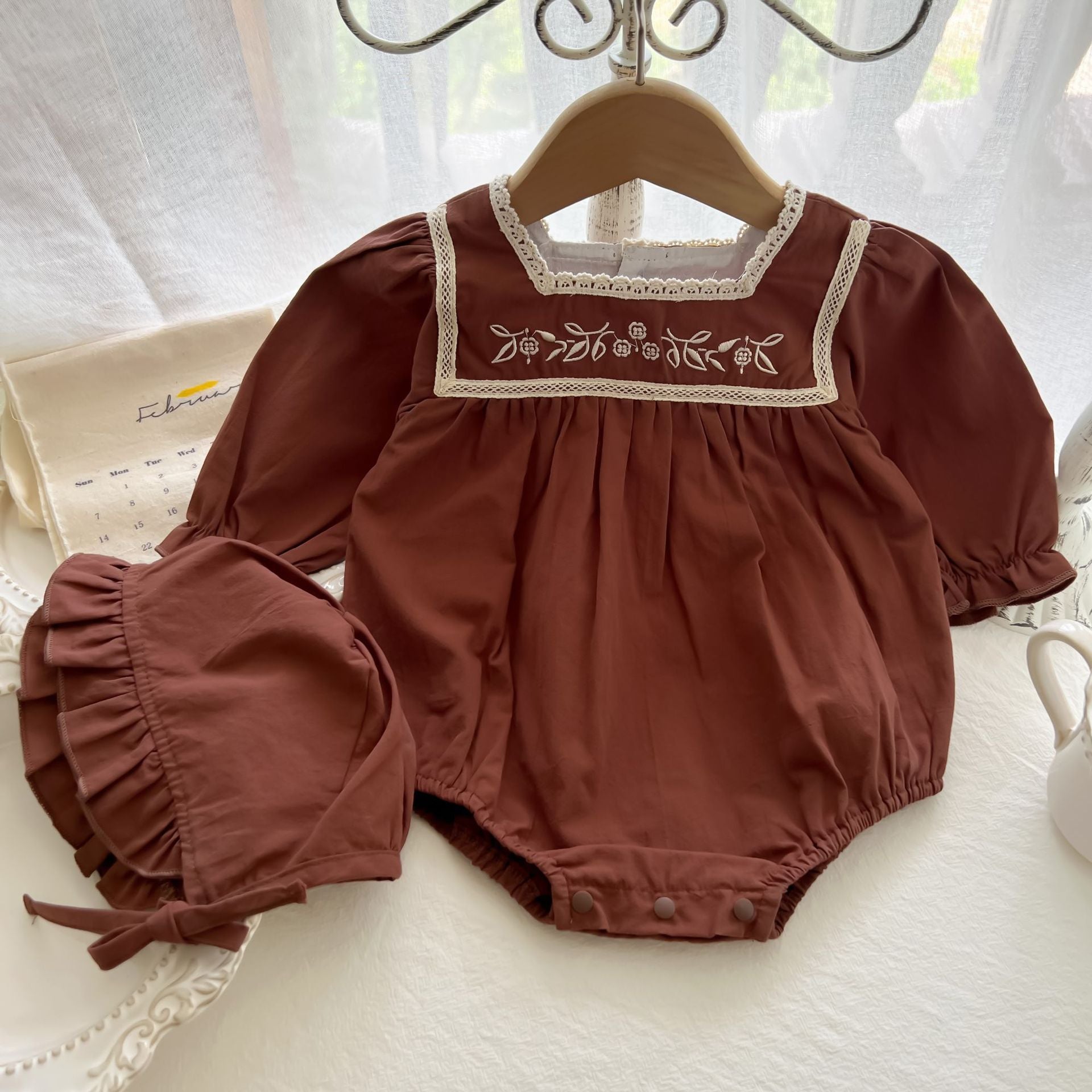 Baby Girl 1pcs Embroidered Pattern Lace Collar Square Neck Bodysuit With Hat My Kids-USA