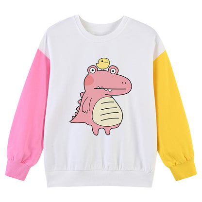 Boys And Girls Dinosaur Print Color Matching Design O-Neck Pullover Hoodie In Autumn