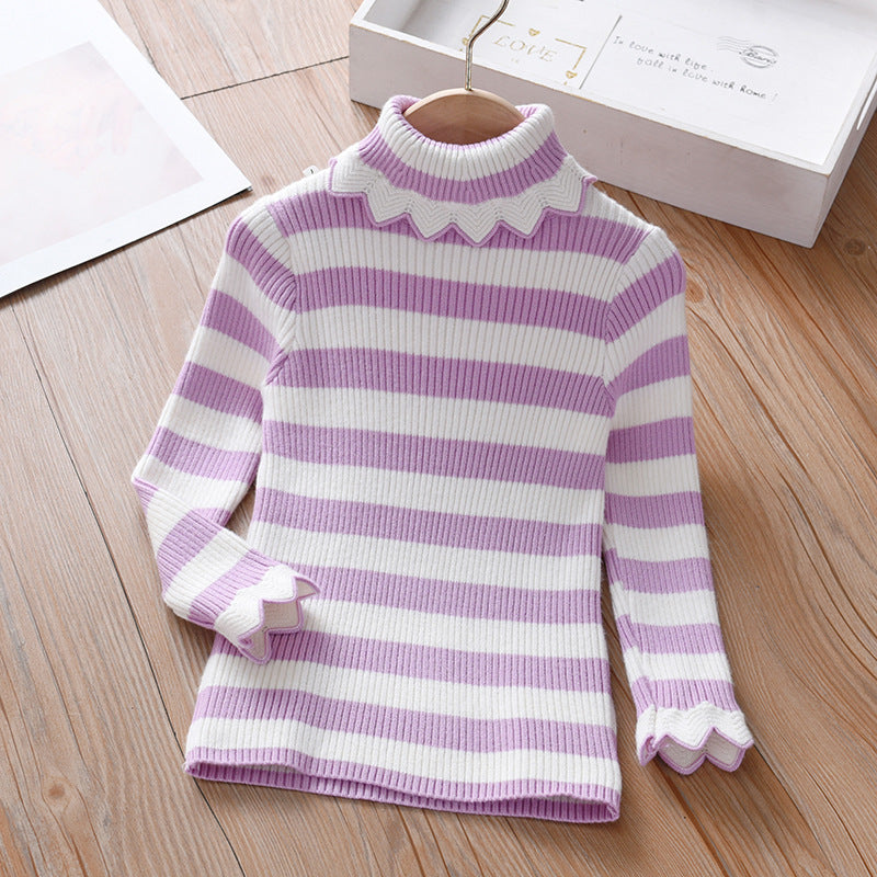 Baby Girl Striped Pattern Lace Design Knitted Shirt In Autumn (One Size Smaller) My Kids-USA