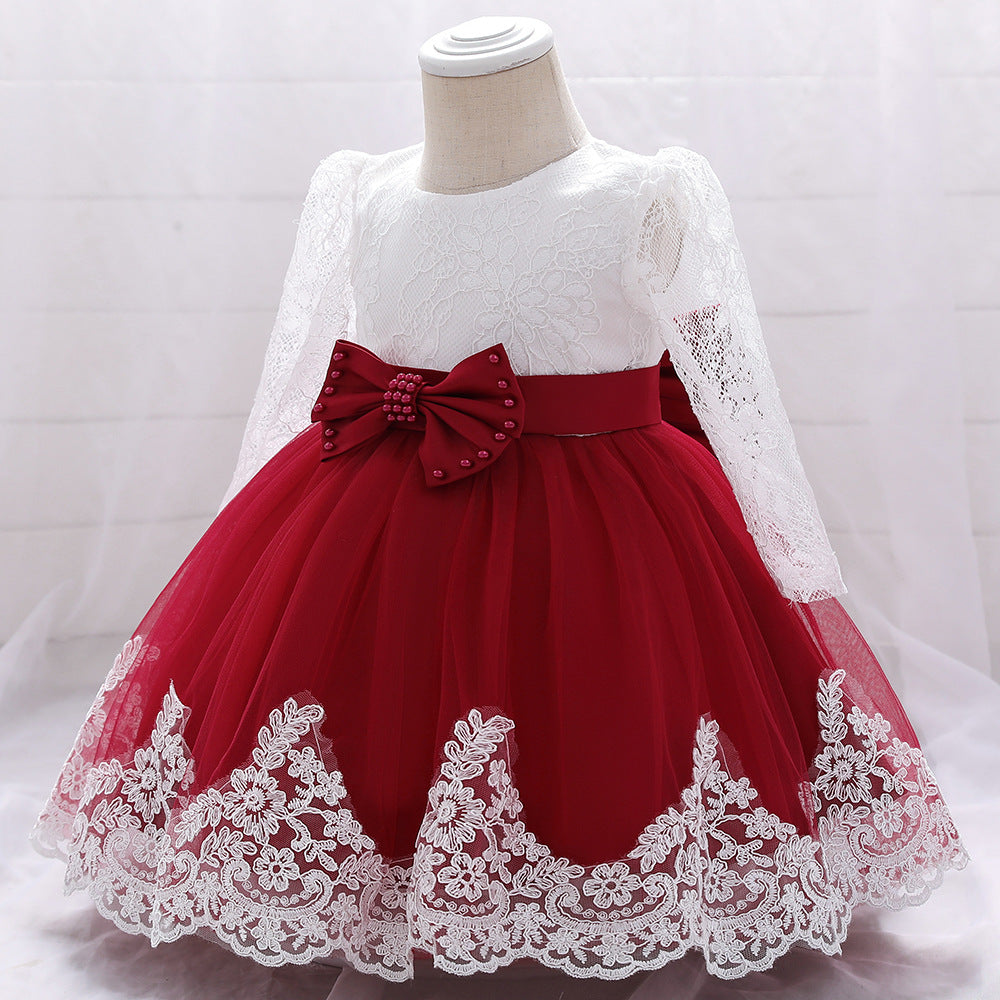 Baby Girl Bow Patched Design Long Sleeves Full Moon Christening Mesh Formal Dress 90 (12-24M) / Blue Baby Girl Bow Patched Design Long Sleeves Full Moon Christening Mesh Formal Dress 90 (12-24M) / Blue