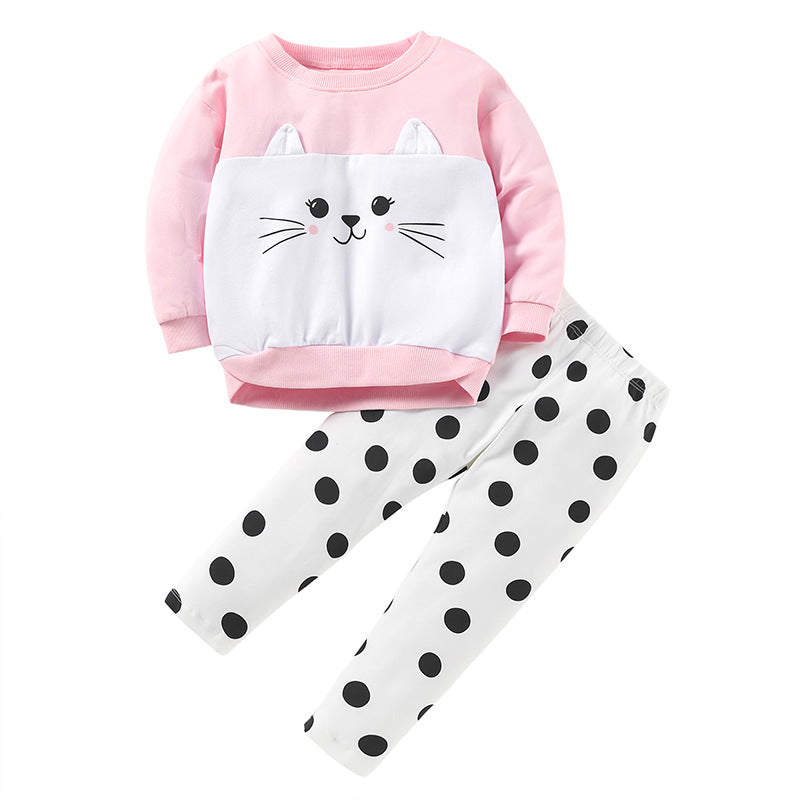 Baby Girl Cartoon Cat Graphic Hoodie Combo Polka Dot Pattern Pant Sets My Kids-USA