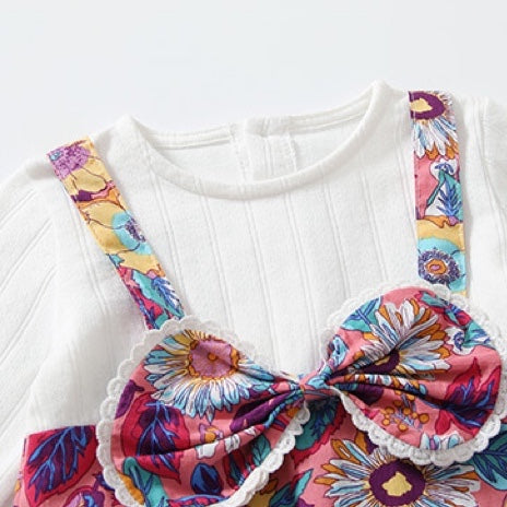 Baby Girl Floral Pattern Bow Decoration O-Neck Long Sleeves Strap Jumpsuit My Kids-USA