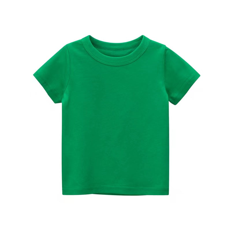 Baby Kids No Pattern Solid Color Short-Sleeved Tops In Summer Outfit Wearing