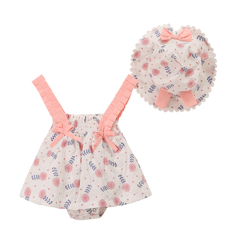 Baby Girl Floral Print Bow Decoration Design Sling Dress Onesies With Hat My Kids-USA