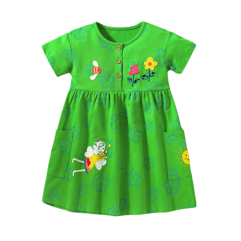 Baby Girl Floral Pattern Crewneck Short Sleeve Loose Dress