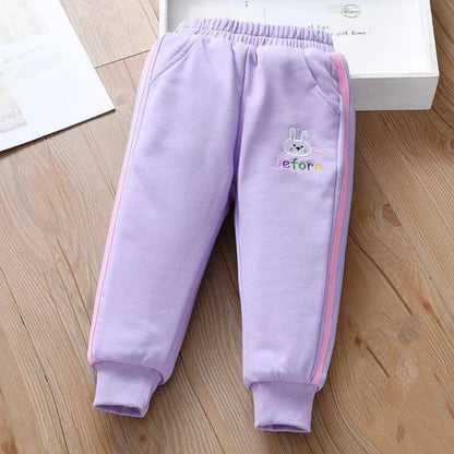 Baby Girl Cartoon Print Pattern Solid Color Fleece Thickened Winter Pants My Kids-USA